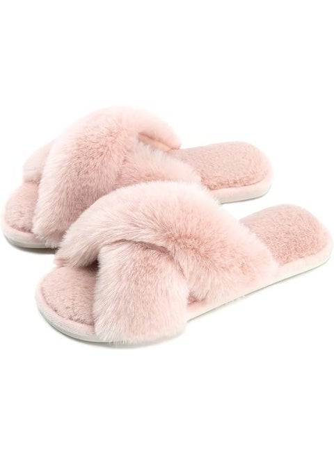 Womens Cross Band Slippers Cozy Furry Fuzzy House Slippers Open Toe Fluffy Indoor Shoes Outdoor Slip on Warm Breathable Anti-skid Sole
